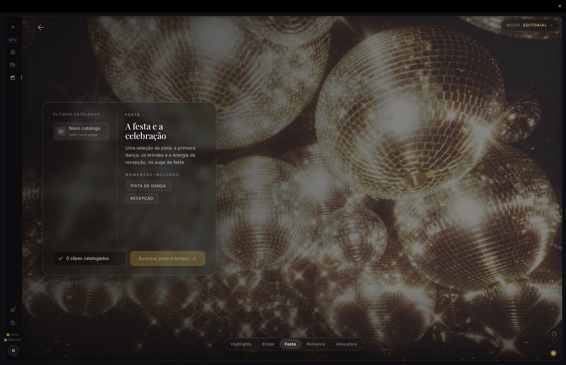 Catálogo de festa: pista de dança e recepção, clipes catalogados